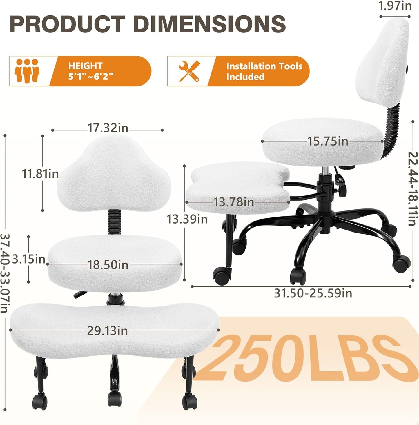 Cross Legged Office Chair, Criss Cross Desk Chair ADHD Meditation Kneeling Yoga Seat with Adjustable Height, Lumbar Support, Wider Footrest and Wheels