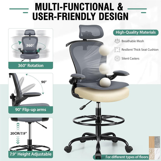 Drafting Chair, Tall Office Chair with 3D Lumbar & Head Support, Ergonomic Mesh Standing Desk Chair with Footring, Comfy Extended High Desk Chair with Flip-Up Arms & Hanger