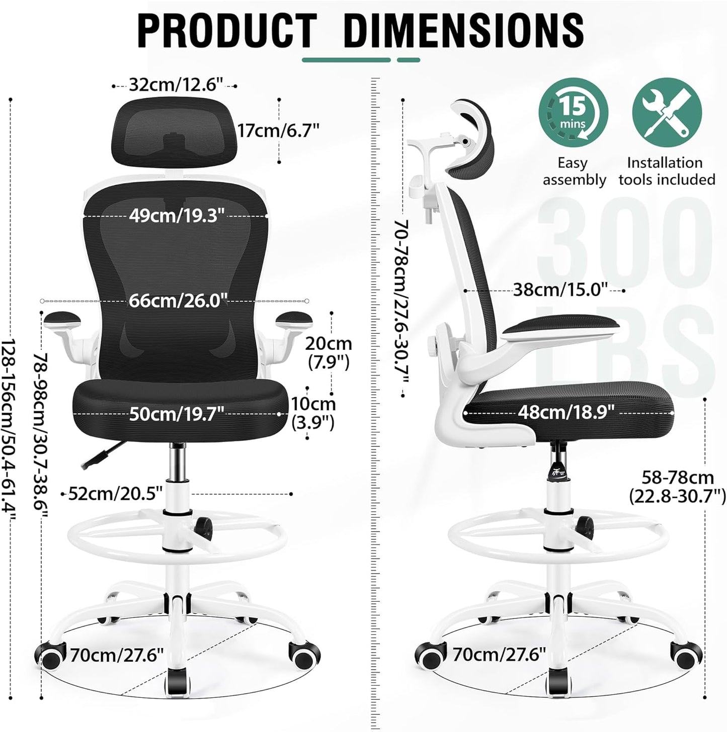 Drafting Chair, Tall Office Chair with 3D Lumbar & Head Support, Ergonomic Mesh Standing Desk Chair with Footring, Comfy Extended High Desk Chair with Flip-Up Arms & Hanger