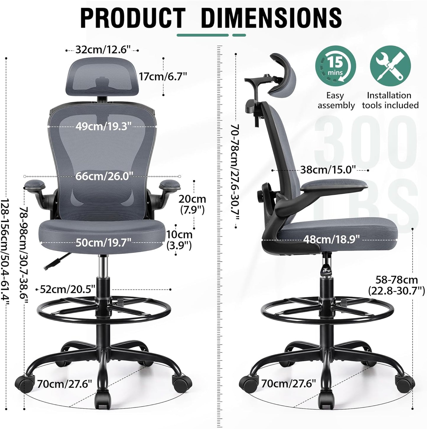 Drafting Chair, Tall Office Chair with 3D Lumbar & Head Support, Ergonomic Mesh Standing Desk Chair with Footring, Comfy Extended High Desk Chair with Flip-Up Arms & Hanger