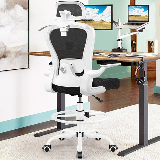 Drafting Chair, Tall Office Chair with 3D Lumbar & Head Support, Ergonomic Mesh Standing Desk Chair with Footring, Comfy Extended High Desk Chair with Flip-Up Arms & Hanger