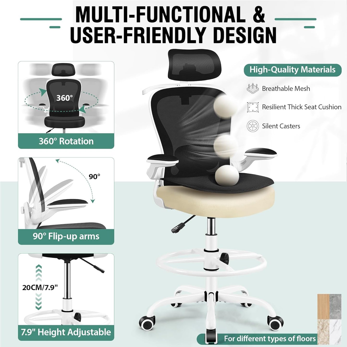 Drafting Chair, Tall Office Chair with 3D Lumbar & Head Support, Ergonomic Mesh Standing Desk Chair with Footring, Comfy Extended High Desk Chair with Flip-Up Arms & Hanger