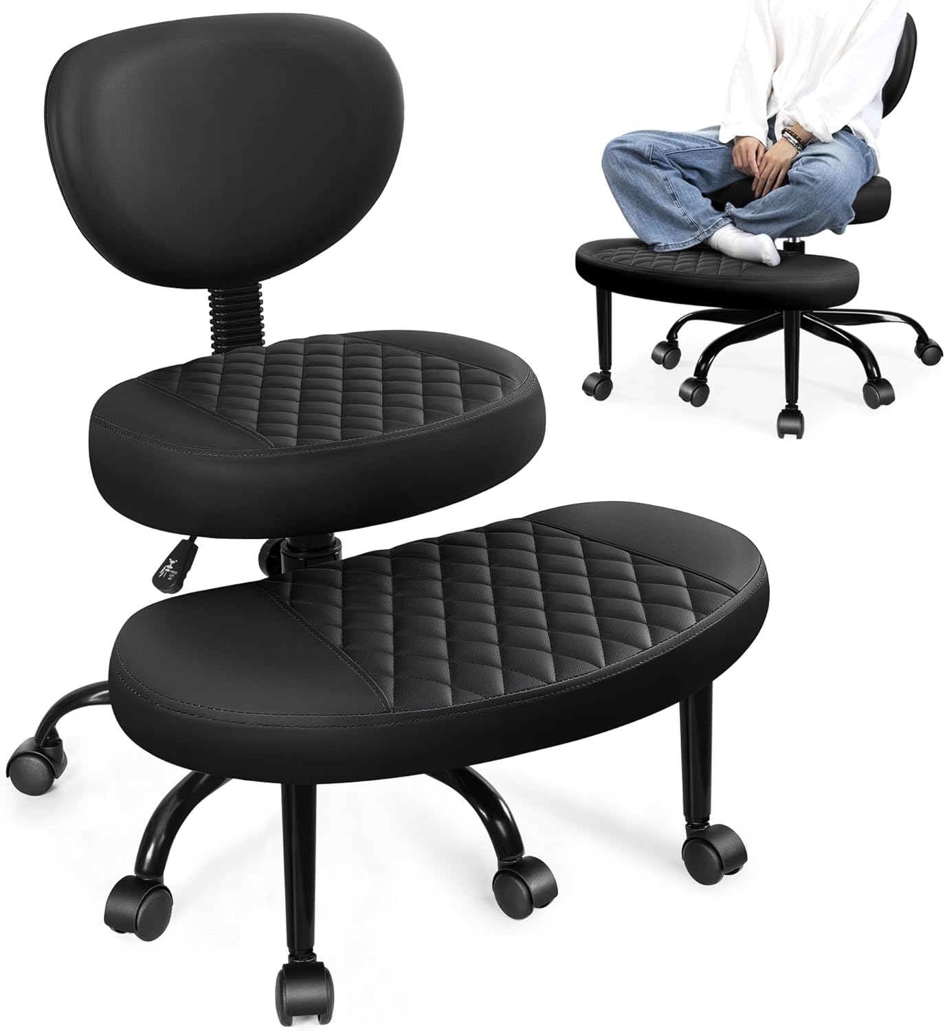 AtHope Ergonomic Cross Legged Office Chair with Wheels - Adjustable Height for Meditation, ADHD Desk & Yoga - Wide Criss Cross Design with Lumbar Support, Kneeling Chair