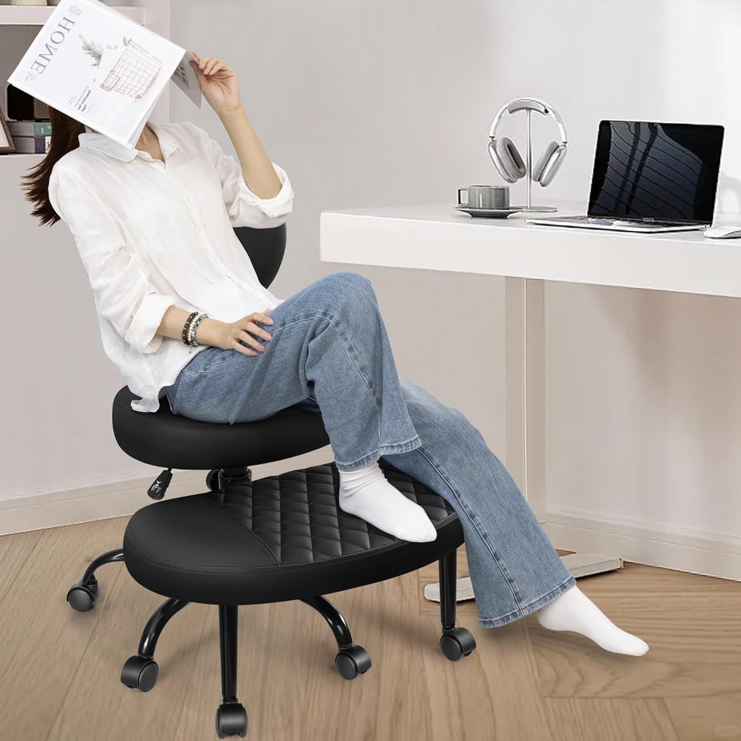 AtHope Ergonomic Cross Legged Office Chair with Wheels - Adjustable Height for Meditation, ADHD Desk & Yoga - Wide Criss Cross Design with Lumbar Support, Kneeling Chair