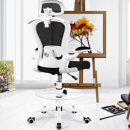 Drafting Chair, Tall Office Chair with 3D Lumbar & Head Support, Ergonomic Mesh Standing Desk Chair with Footring, Comfy Extended High Desk Chair with Flip-Up Arms & Hanger