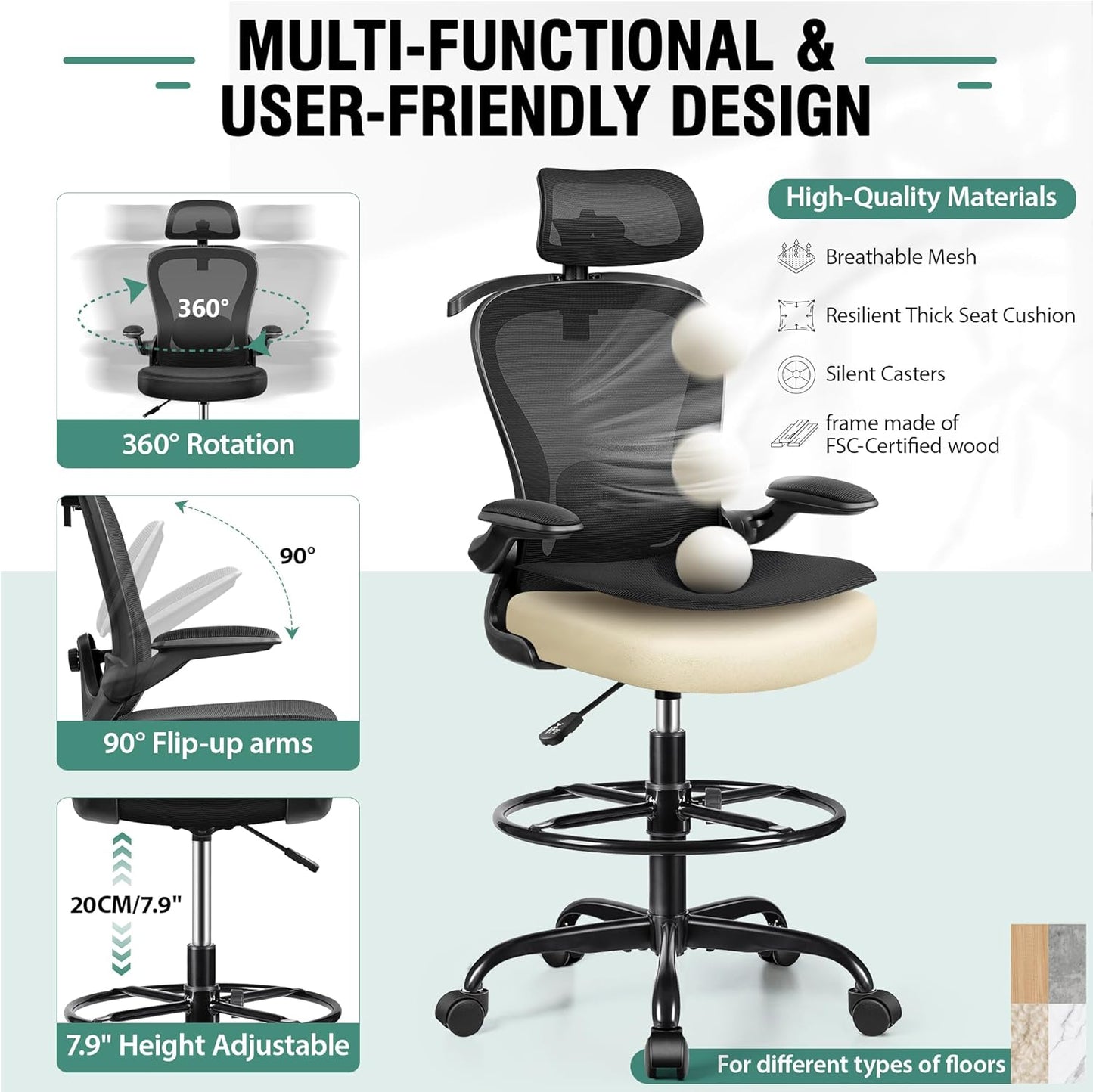 Drafting Chair, Tall Office Chair with 3D Lumbar & Head Support, Ergonomic Mesh Standing Desk Chair with Footring, Comfy Extended High Desk Chair with Flip-Up Arms & Hanger