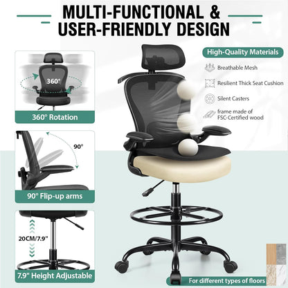 Drafting Chair, Tall Office Chair with 3D Lumbar & Head Support, Ergonomic Mesh Standing Desk Chair with Footring, Comfy Extended High Desk Chair with Flip-Up Arms & Hanger