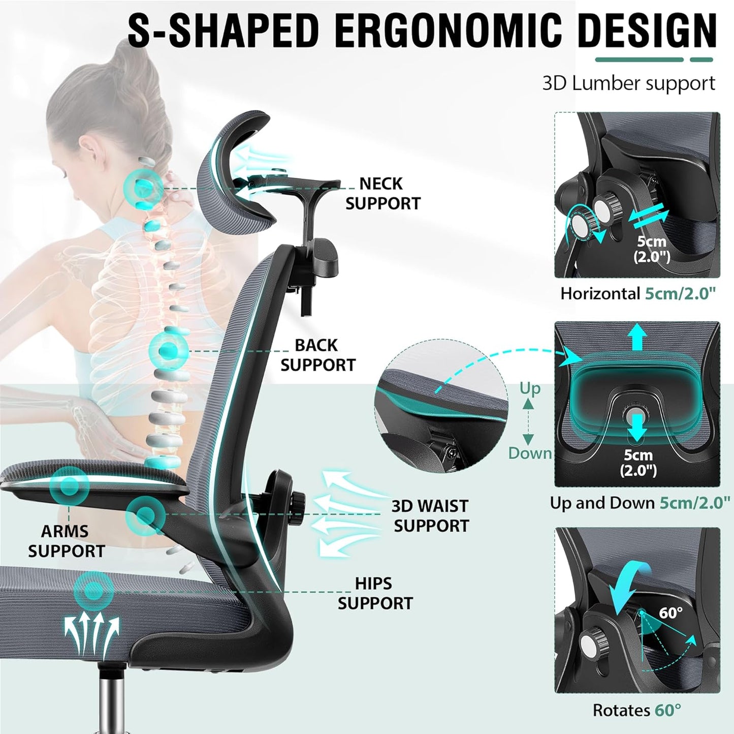 Drafting Chair, Tall Office Chair with 3D Lumbar & Head Support, Ergonomic Mesh Standing Desk Chair with Footring, Comfy Extended High Desk Chair with Flip-Up Arms & Hanger
