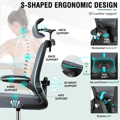 Drafting Chair, Tall Office Chair with 3D Lumbar & Head Support, Ergonomic Mesh Standing Desk Chair with Footring, Comfy Extended High Desk Chair with Flip-Up Arms & Hanger