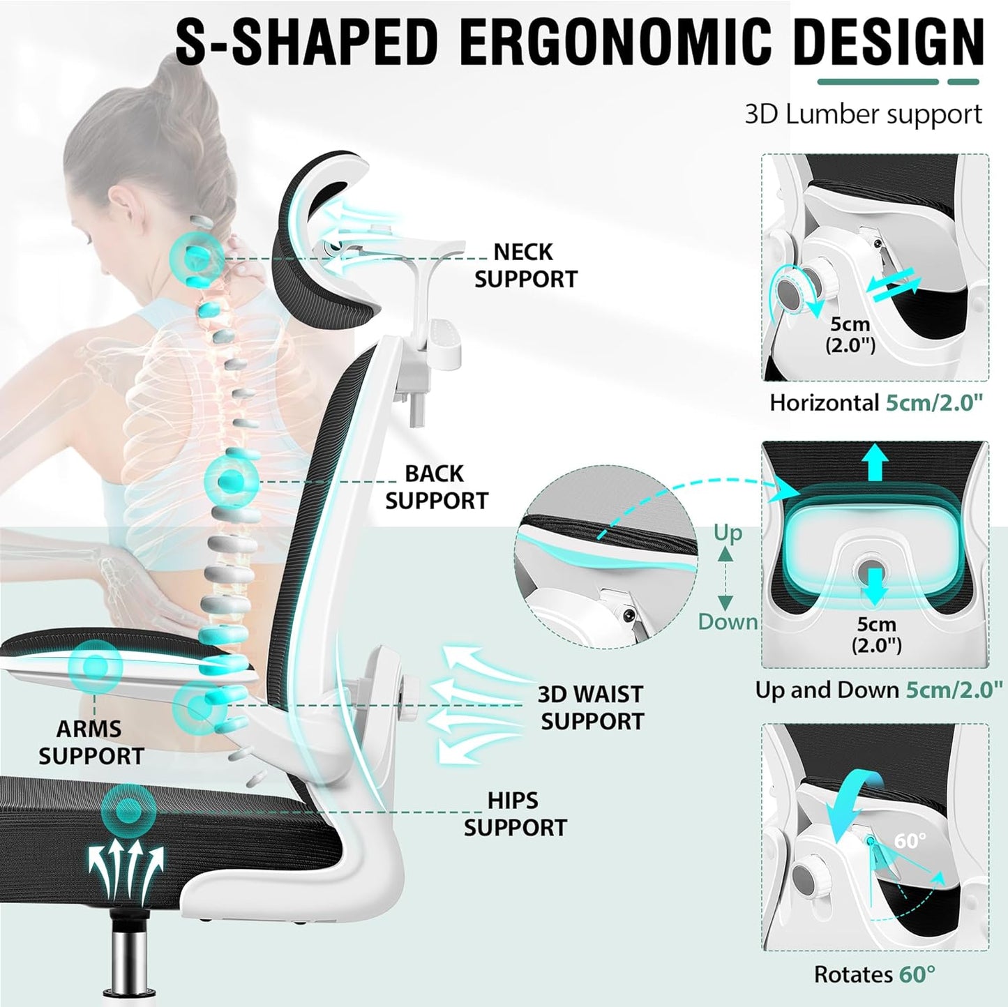 Drafting Chair, Tall Office Chair with 3D Lumbar & Head Support, Ergonomic Mesh Standing Desk Chair with Footring, Comfy Extended High Desk Chair with Flip-Up Arms & Hanger