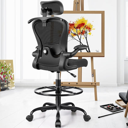 Drafting Chair, Tall Office Chair with 3D Lumbar & Head Support, Ergonomic Mesh Standing Desk Chair with Footring, Comfy Extended High Desk Chair with Flip-Up Arms & Hanger