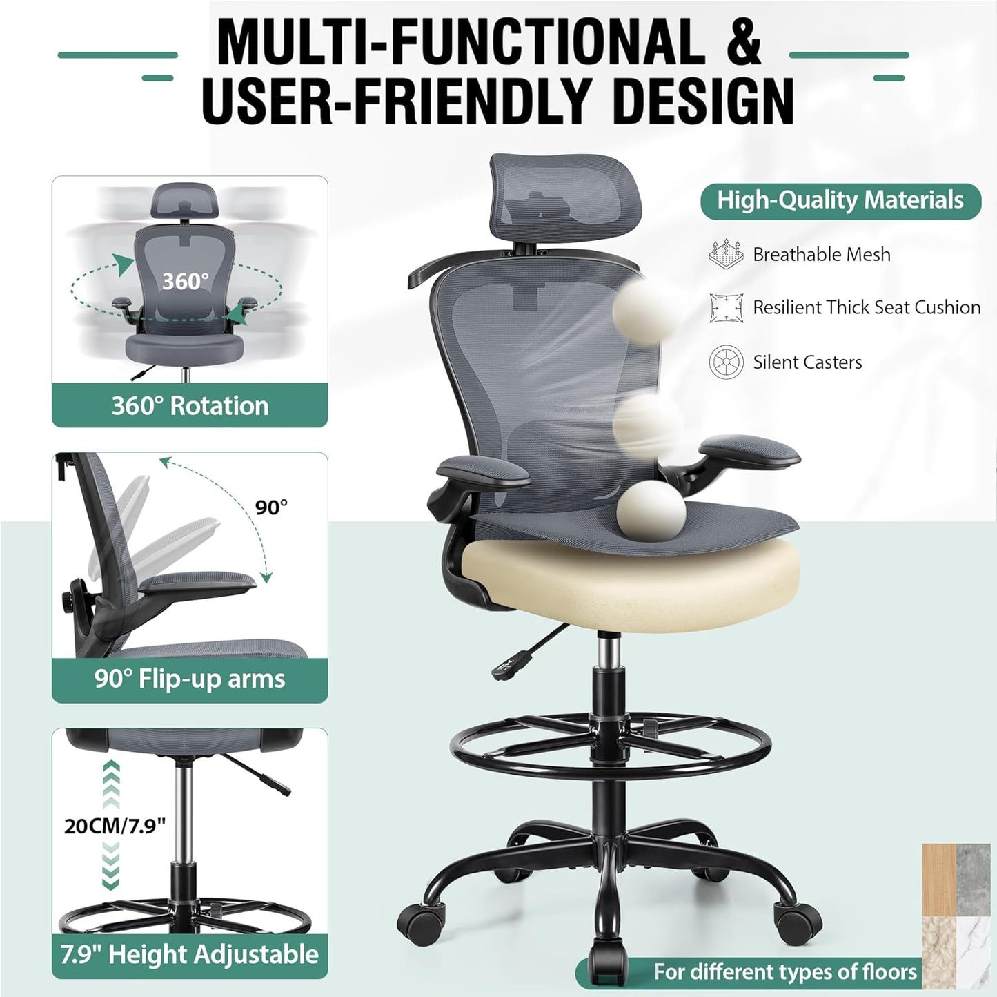 Drafting Chair, Tall Office Chair with 3D Lumbar & Head Support, Ergonomic Mesh Standing Desk Chair with Footring, Comfy Extended High Desk Chair with Flip-Up Arms & Hanger