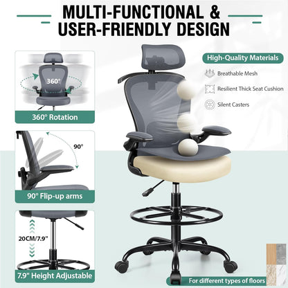 Drafting Chair, Tall Office Chair with 3D Lumbar & Head Support, Ergonomic Mesh Standing Desk Chair with Footring, Comfy Extended High Desk Chair with Flip-Up Arms & Hanger