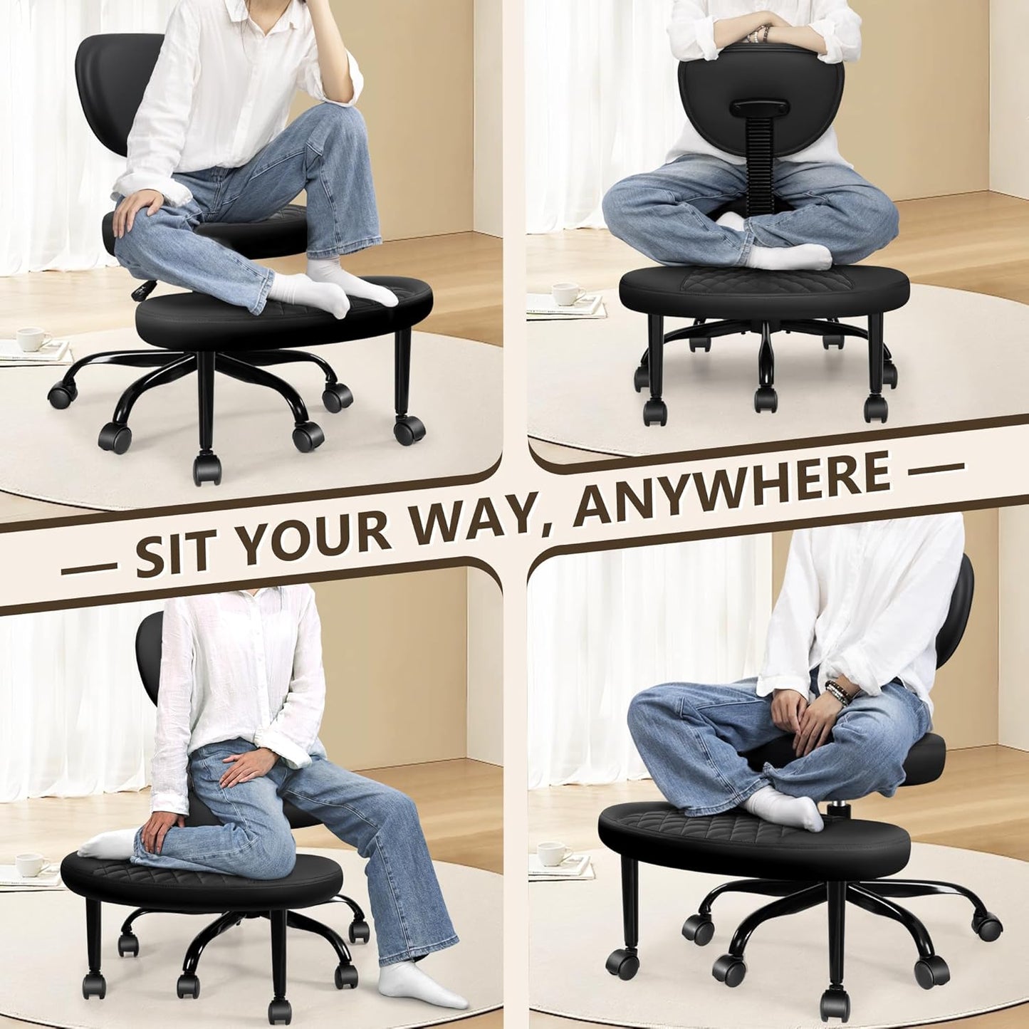 AtHope Ergonomic Cross Legged Office Chair with Wheels - Adjustable Height for Meditation, ADHD Desk & Yoga - Wide Criss Cross Design with Lumbar Support, Kneeling Chair