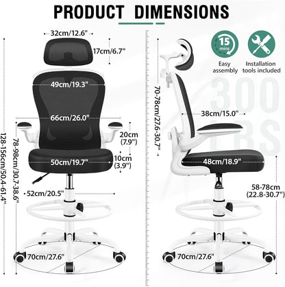 Drafting Chair, Tall Office Chair with 3D Lumbar & Head Support, Ergonomic Mesh Standing Desk Chair with Footring, Comfy Extended High Desk Chair with Flip-Up Arms & Hanger