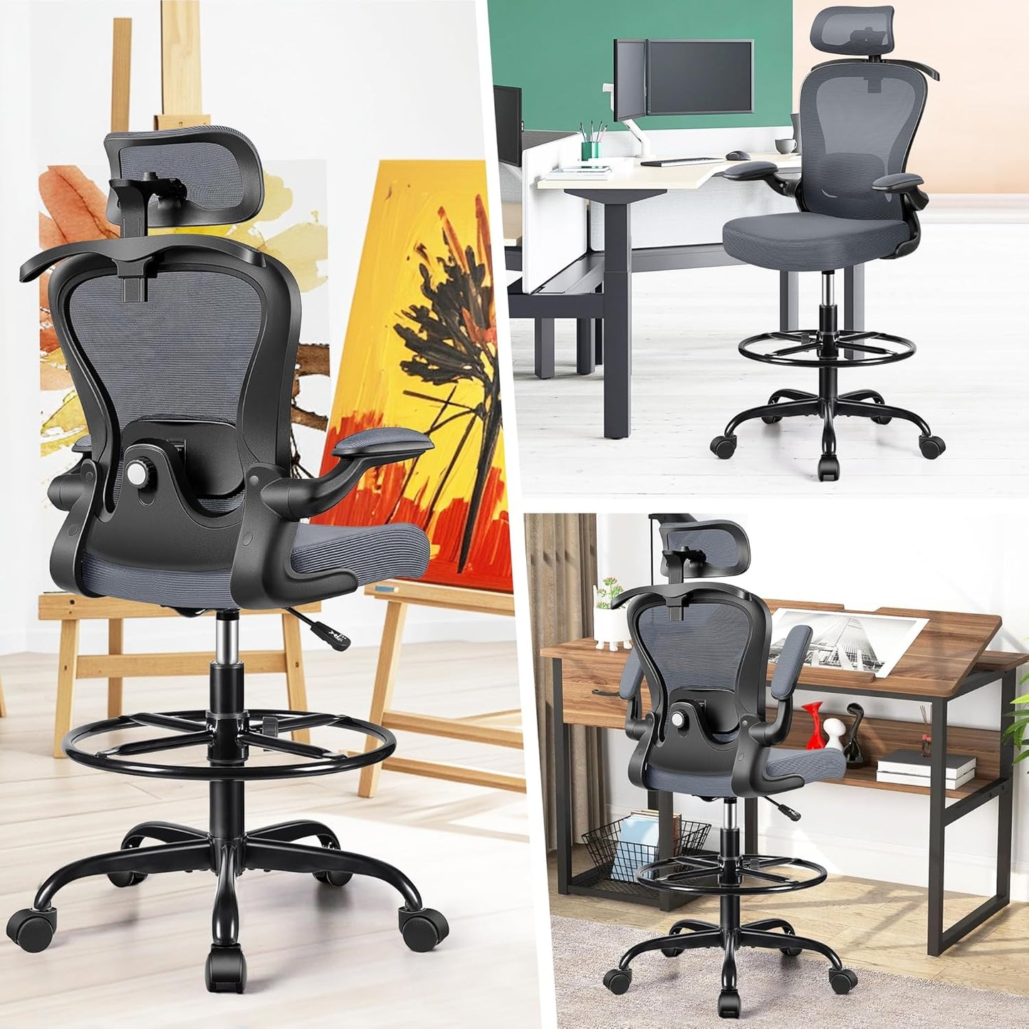 Drafting Chair, Tall Office Chair with 3D Lumbar & Head Support, Ergonomic Mesh Standing Desk Chair with Footring, Comfy Extended High Desk Chair with Flip-Up Arms & Hanger