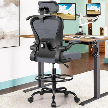 Drafting Chair, Tall Office Chair with 3D Lumbar & Head Support, Ergonomic Mesh Standing Desk Chair with Footring, Comfy Extended High Desk Chair with Flip-Up Arms & Hanger