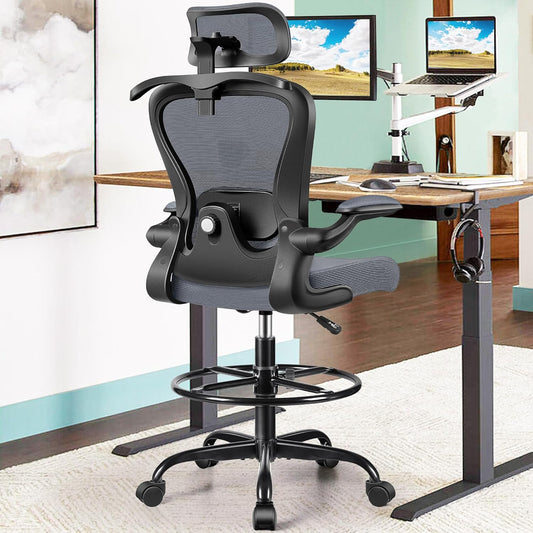 Drafting Chair, Tall Office Chair with 3D Lumbar & Head Support, Ergonomic Mesh Standing Desk Chair with Footring, Comfy Extended High Desk Chair with Flip-Up Arms & Hanger