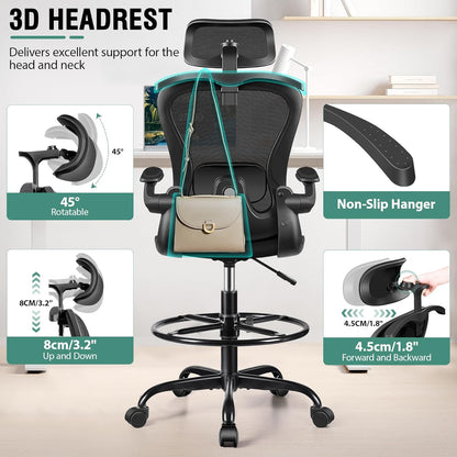 Drafting Chair, Tall Office Chair with 3D Lumbar & Head Support, Ergonomic Mesh Standing Desk Chair with Footring, Comfy Extended High Desk Chair with Flip-Up Arms & Hanger