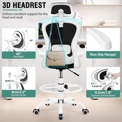 Drafting Chair, Tall Office Chair with 3D Lumbar & Head Support, Ergonomic Mesh Standing Desk Chair with Footring, Comfy Extended High Desk Chair with Flip-Up Arms & Hanger