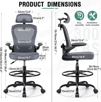 Drafting Chair, Tall Office Chair with 3D Lumbar & Head Support, Ergonomic Mesh Standing Desk Chair with Footring, Comfy Extended High Desk Chair with Flip-Up Arms & Hanger