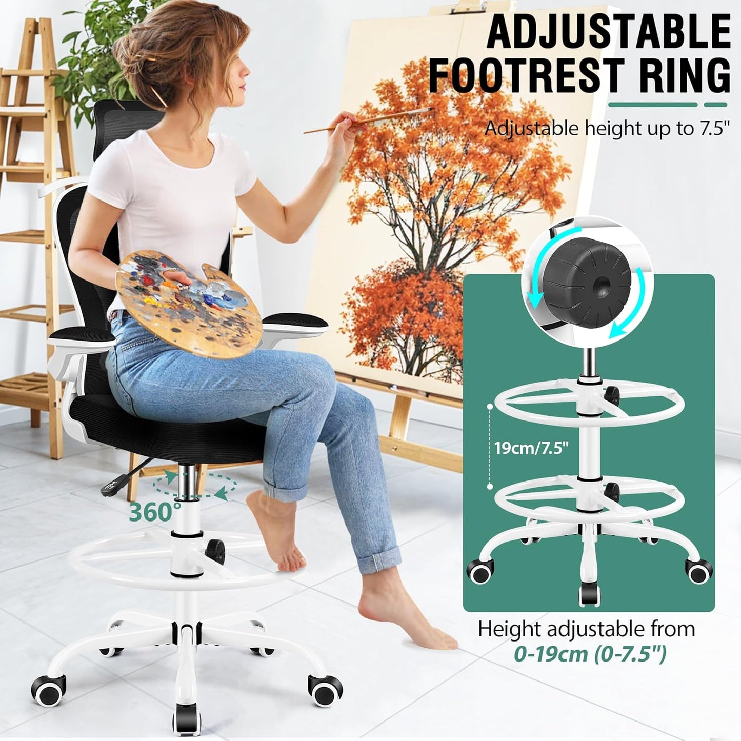 Drafting Chair, Tall Office Chair with 3D Lumbar & Head Support, Ergonomic Mesh Standing Desk Chair with Footring, Comfy Extended High Desk Chair with Flip-Up Arms & Hanger