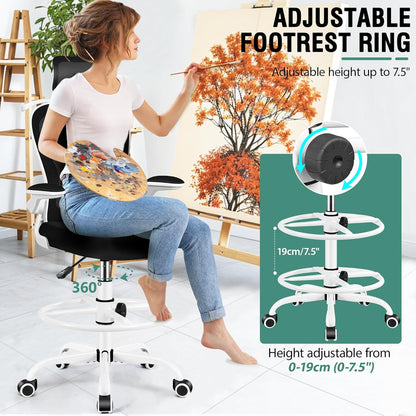 Drafting Chair, Tall Office Chair with 3D Lumbar & Head Support, Ergonomic Mesh Standing Desk Chair with Footring, Comfy Extended High Desk Chair with Flip-Up Arms & Hanger