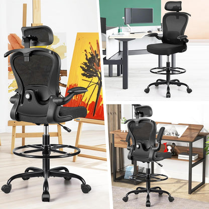 Drafting Chair, Tall Office Chair with 3D Lumbar & Head Support, Ergonomic Mesh Standing Desk Chair with Footring, Comfy Extended High Desk Chair with Flip-Up Arms & Hanger