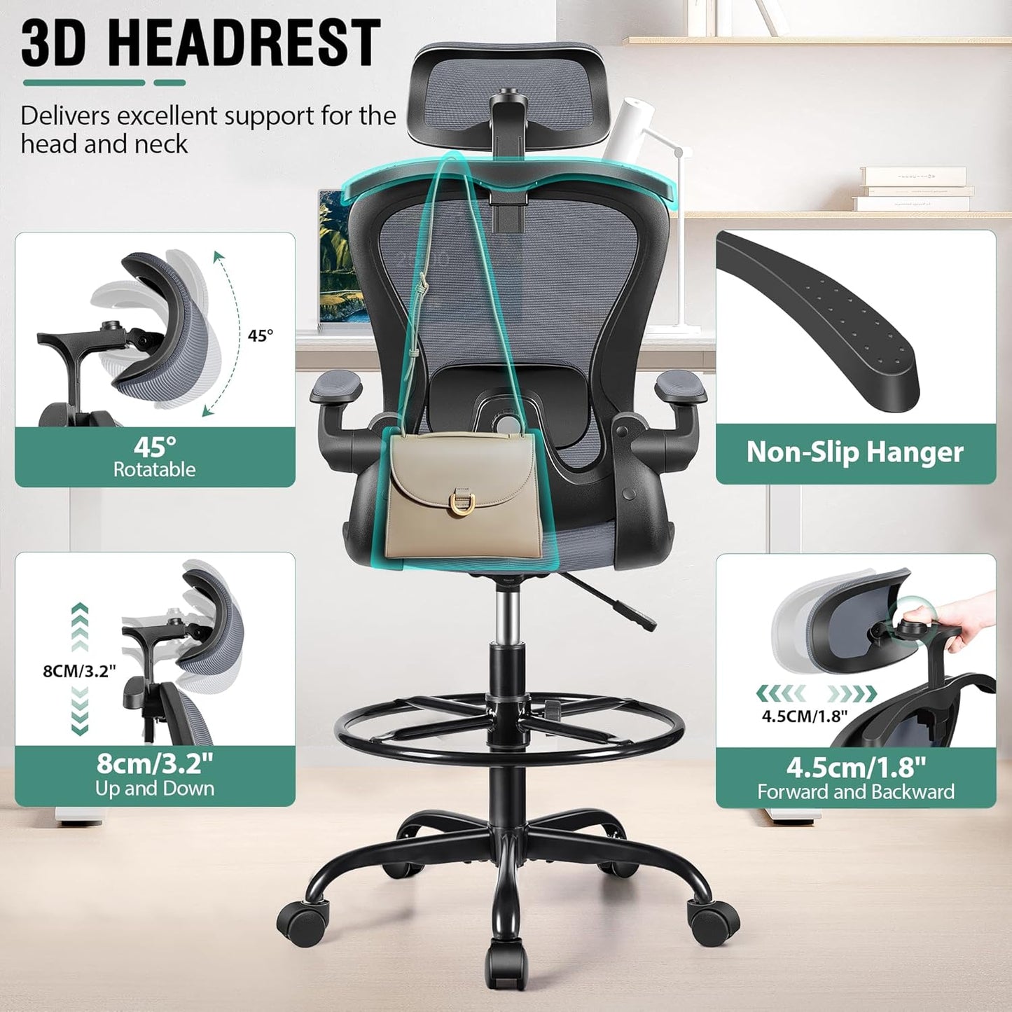 Drafting Chair, Tall Office Chair with 3D Lumbar & Head Support, Ergonomic Mesh Standing Desk Chair with Footring, Comfy Extended High Desk Chair with Flip-Up Arms & Hanger