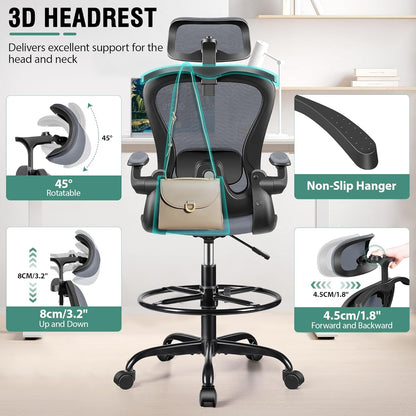Drafting Chair, Tall Office Chair with 3D Lumbar & Head Support, Ergonomic Mesh Standing Desk Chair with Footring, Comfy Extended High Desk Chair with Flip-Up Arms & Hanger