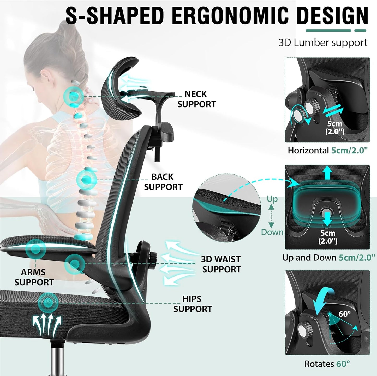Drafting Chair, Tall Office Chair with 3D Lumbar & Head Support, Ergonomic Mesh Standing Desk Chair with Footring, Comfy Extended High Desk Chair with Flip-Up Arms & Hanger