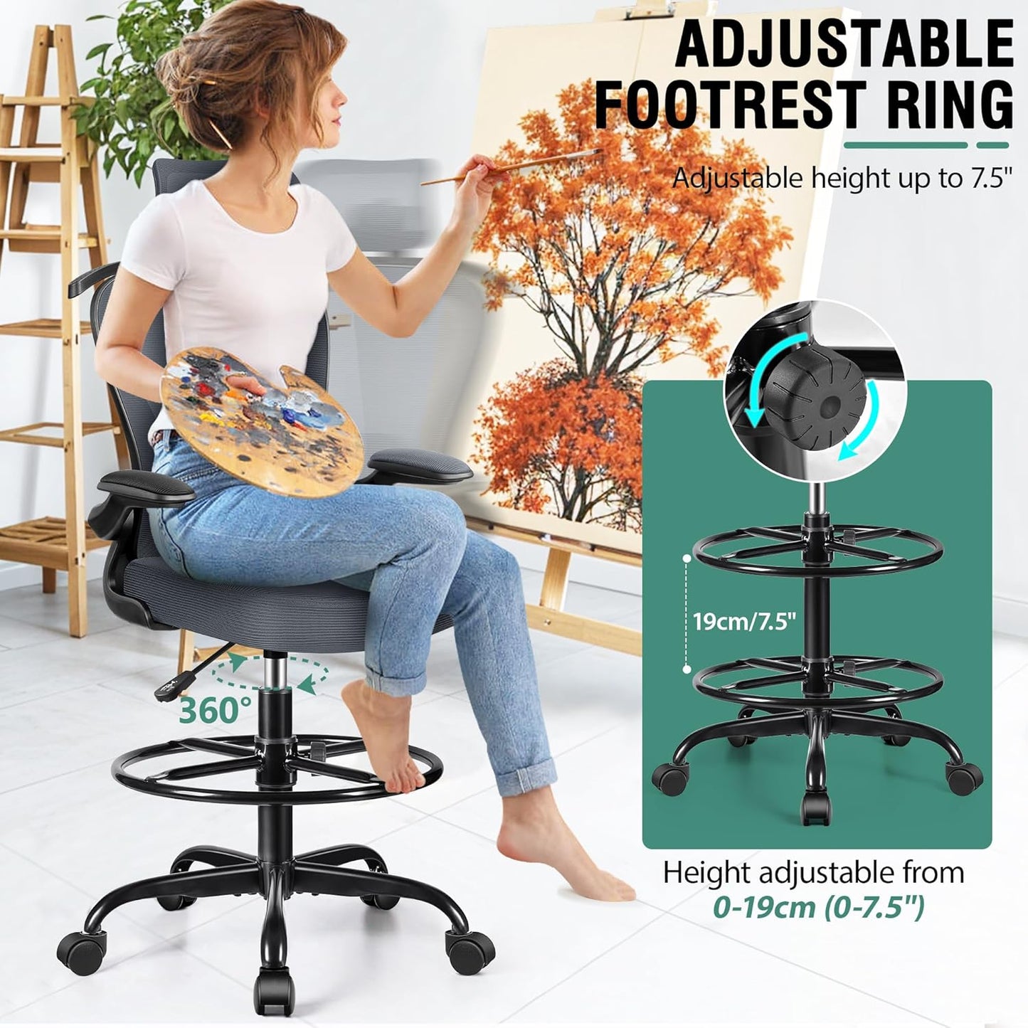 Drafting Chair, Tall Office Chair with 3D Lumbar & Head Support, Ergonomic Mesh Standing Desk Chair with Footring, Comfy Extended High Desk Chair with Flip-Up Arms & Hanger