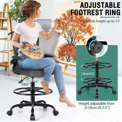 Drafting Chair, Tall Office Chair with 3D Lumbar & Head Support, Ergonomic Mesh Standing Desk Chair with Footring, Comfy Extended High Desk Chair with Flip-Up Arms & Hanger