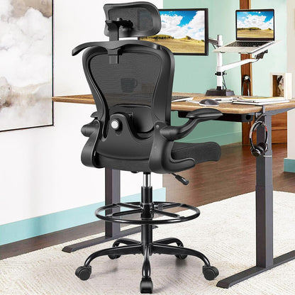 Drafting Chair, Tall Office Chair with 3D Lumbar & Head Support, Ergonomic Mesh Standing Desk Chair with Footring, Comfy Extended High Desk Chair with Flip-Up Arms & Hanger