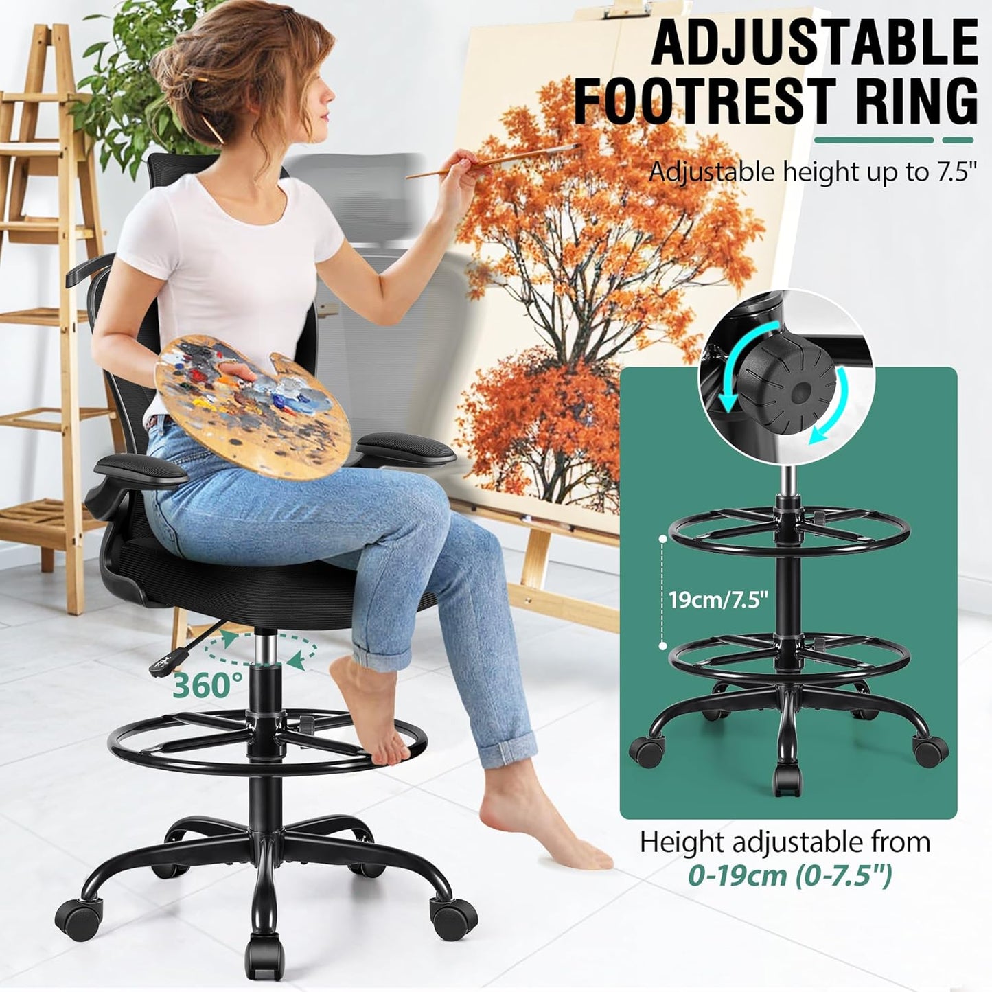 Drafting Chair, Tall Office Chair with 3D Lumbar & Head Support, Ergonomic Mesh Standing Desk Chair with Footring, Comfy Extended High Desk Chair with Flip-Up Arms & Hanger