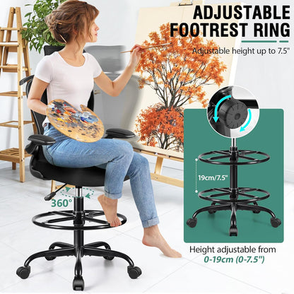 Drafting Chair, Tall Office Chair with 3D Lumbar & Head Support, Ergonomic Mesh Standing Desk Chair with Footring, Comfy Extended High Desk Chair with Flip-Up Arms & Hanger