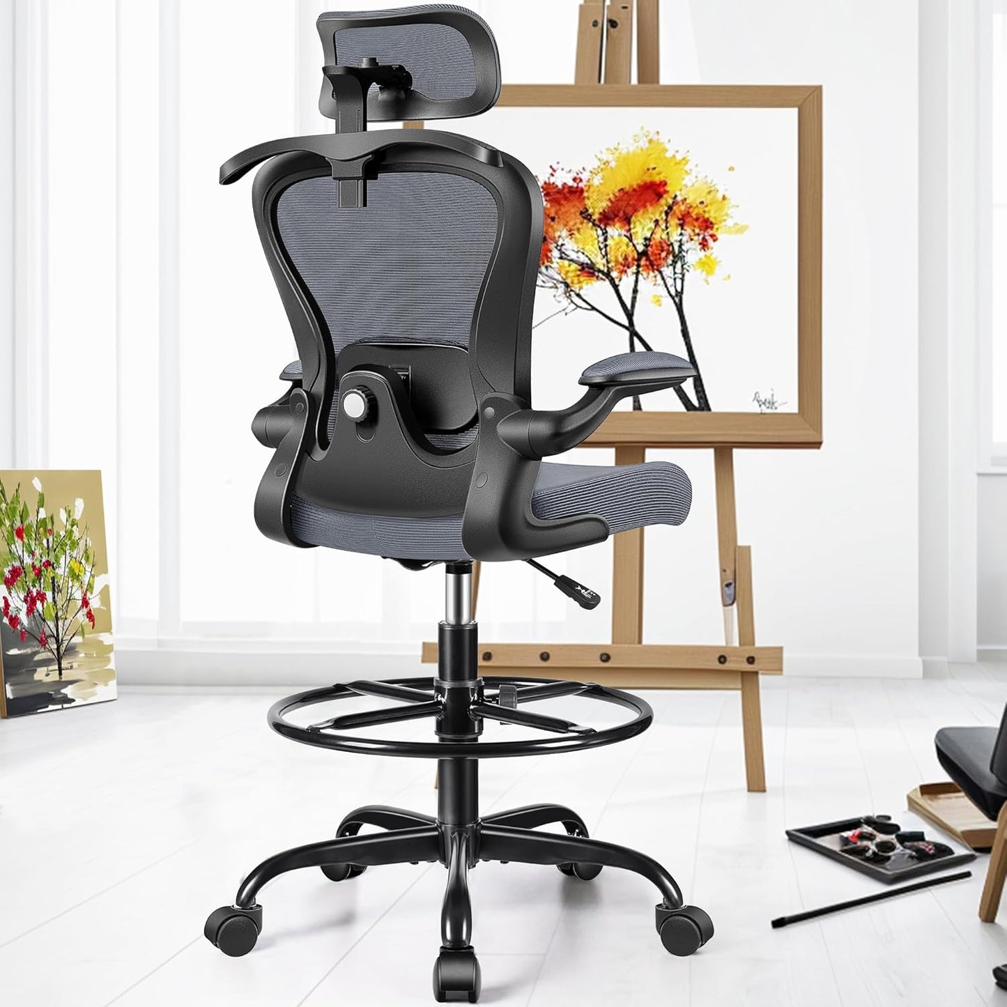 Drafting Chair, Tall Office Chair with 3D Lumbar & Head Support, Ergonomic Mesh Standing Desk Chair with Footring, Comfy Extended High Desk Chair with Flip-Up Arms & Hanger