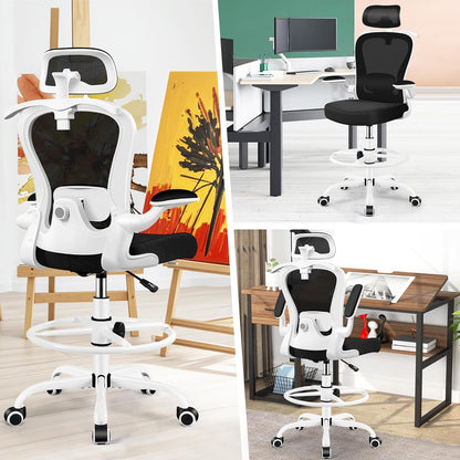 Drafting Chair, Tall Office Chair with 3D Lumbar & Head Support, Ergonomic Mesh Standing Desk Chair with Footring, Comfy Extended High Desk Chair with Flip-Up Arms & Hanger