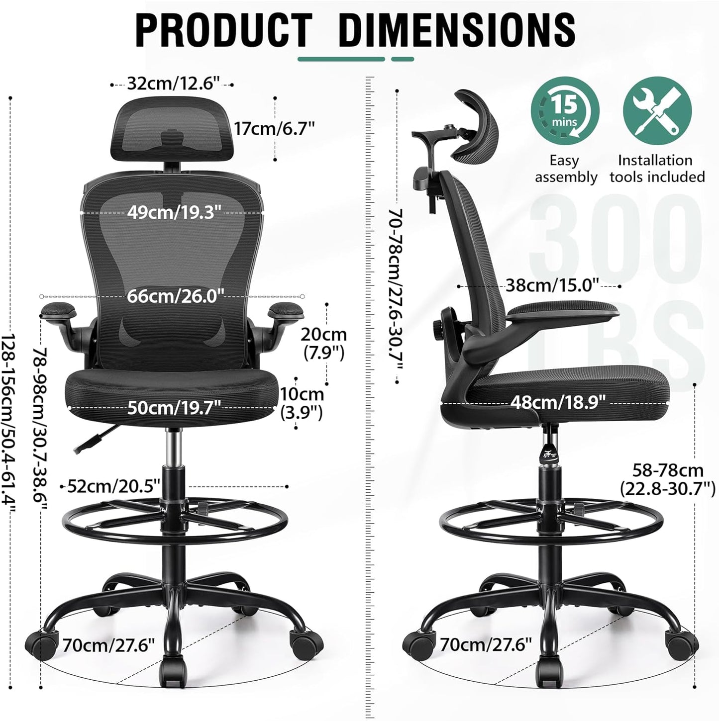 Drafting Chair, Tall Office Chair with 3D Lumbar & Head Support, Ergonomic Mesh Standing Desk Chair with Footring, Comfy Extended High Desk Chair with Flip-Up Arms & Hanger