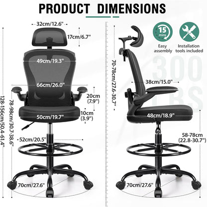 Drafting Chair, Tall Office Chair with 3D Lumbar & Head Support, Ergonomic Mesh Standing Desk Chair with Footring, Comfy Extended High Desk Chair with Flip-Up Arms & Hanger